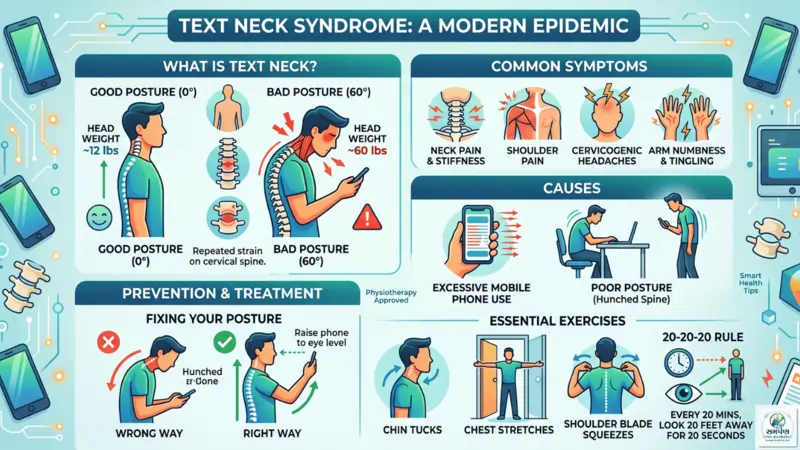 ગરદનનો દુખાવો (Text Neck Syndrome): મોબાઈલના વધુ પડતા ઉપયોગથી બચવાના ઉપાય.
