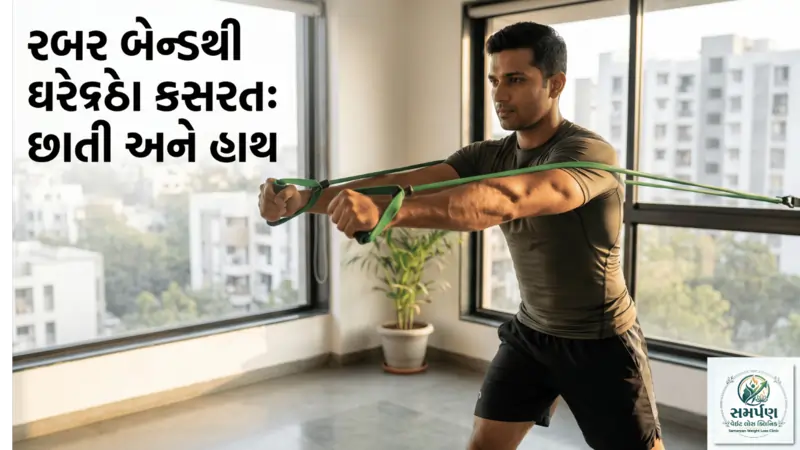 . રબર બેન્ડ (Resistance Band) થી ઘરે બેઠા છાતી અને હાથની કસરતો.