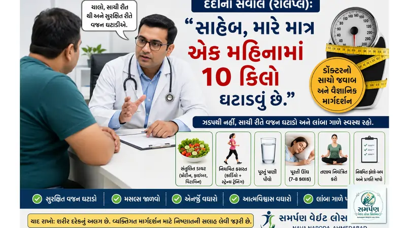 દર્દીનો સવાલ (રોલપ્લે): "સાહેબ, મારે માત્ર એક મહિનામાં ૧૦ કિલો ઘટાડવું છે."