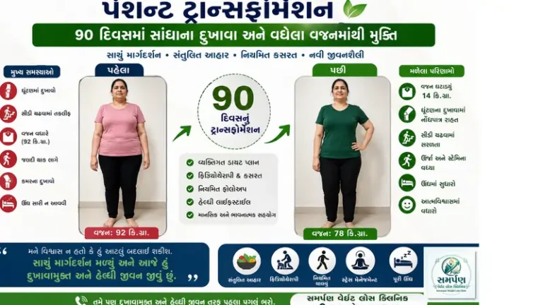 પેશન્ટ ટ્રાન્સફોર્મેશન: ૯૦ દિવસમાં સાંધાના દુખાવા અને વજનમાંથી મુક્તિ.